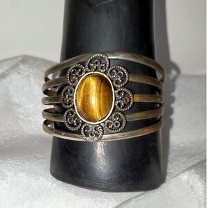 Egyptian Revival Cuff Bracelet Tiger Eye Cabochon Silver Tone Unusual As-Is